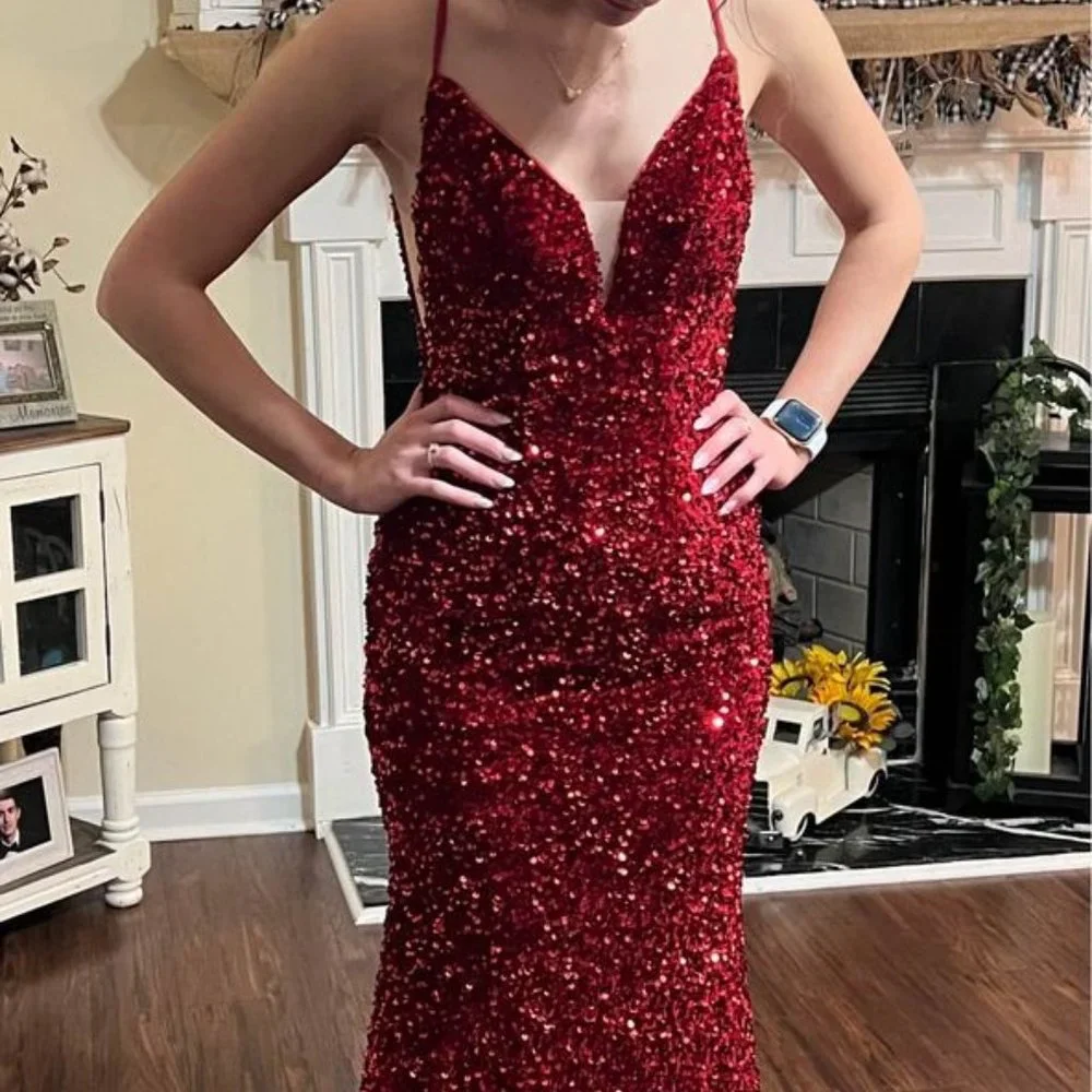 Red Sequin Prom Formal Pageant Dress Size 0 - Picture 5 of 8